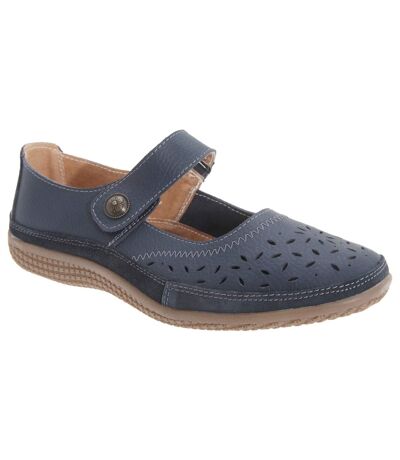 Boulevard Womens/Ladies Wide Fitting Touch Fastening Perforated Bar Shoes (Navy) - UTDF419