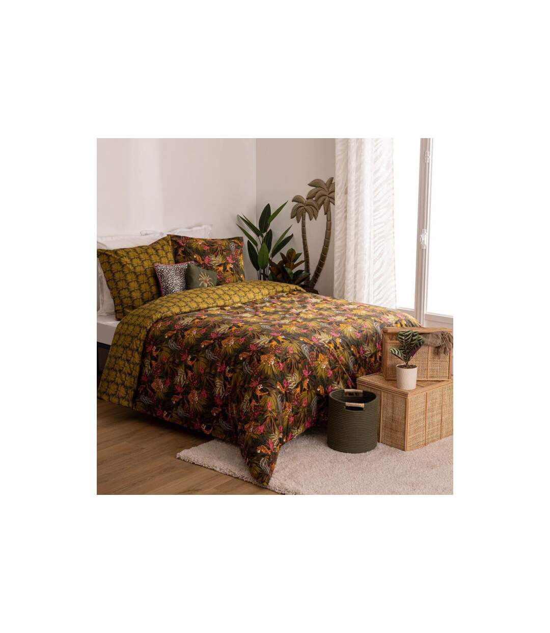 Parure de Lit 3 Pièces Jungle tropical Boudoir 240x220cm Kaki-1