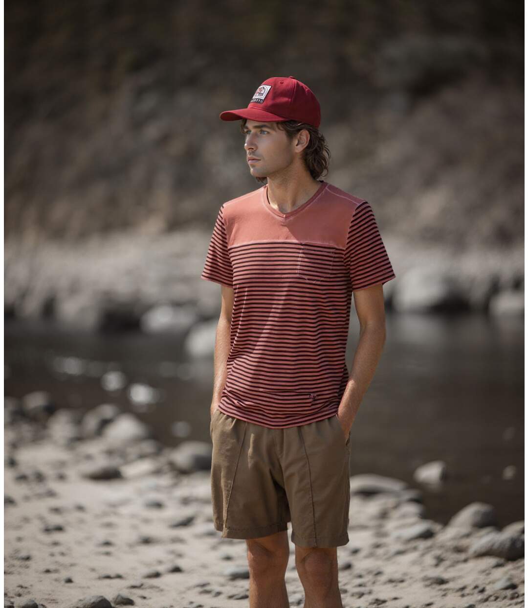 Tee-shirt homme Rouge - Col V - Manches courtes 100% coton Coupe ajustée et rayures-4