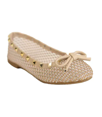 Womens/ladies Studded Trim Mesh Ballet Flats Nude Where´s That From