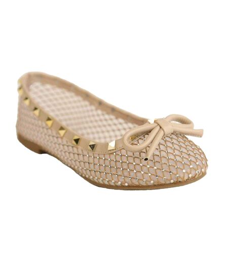 Womens/ladies Studded Trim Mesh Ballet Flats Nude Where´s That From