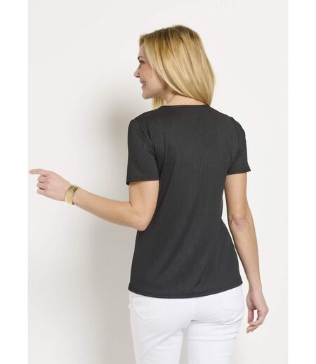 T-shirt côtelé uni droit court col V