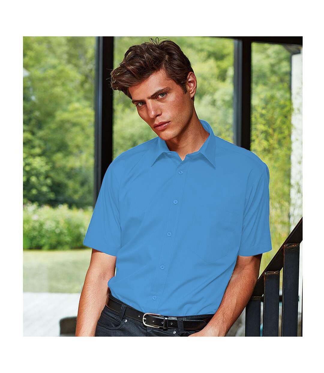 Mens short sleeve formal poplin plain work shirt sapphire Premier