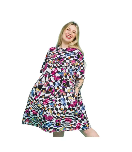 Womens/ladies Checked All-over Print Smock Dress Multicoloured Alice In Wonderland