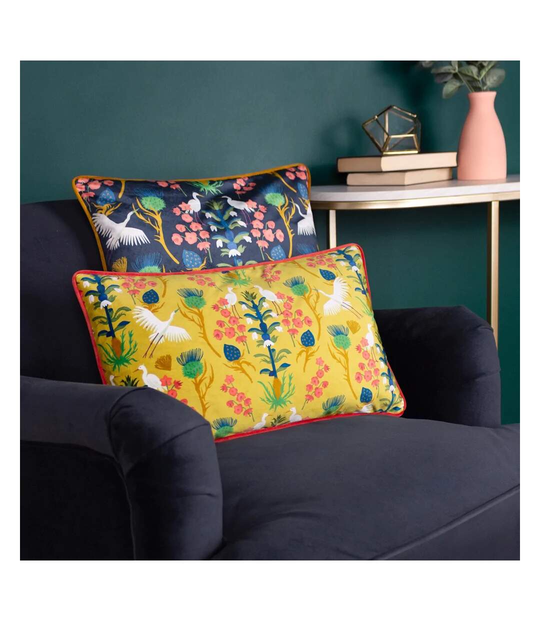 Herons illustration cushion cover 43cm x 43cm navy Furn