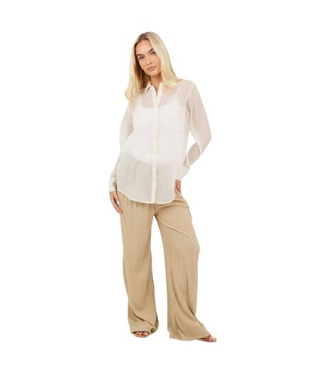 Womens/ladies Collared Long-sleeved Shirt Cream Brave Soul