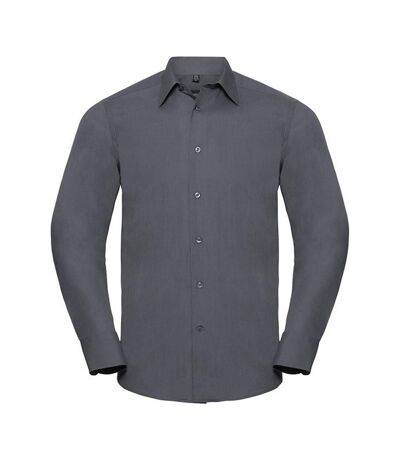 Mens polycotton easy-care long-sleeved formal shirt convoy grey Russell Collection