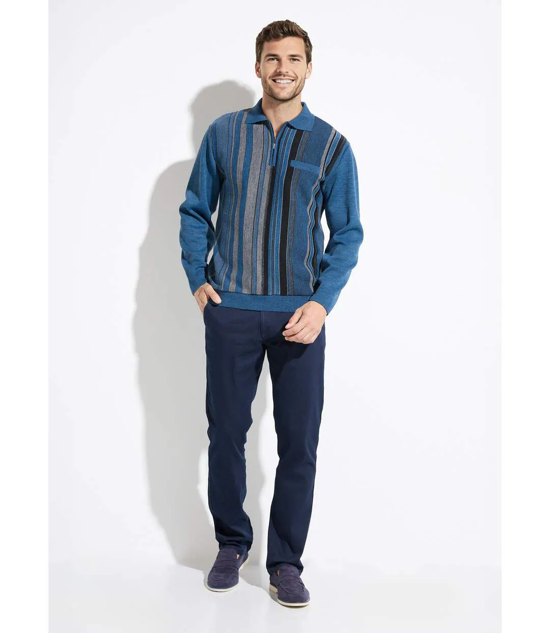 Pull col polo zippé jacquard rayé laine-3