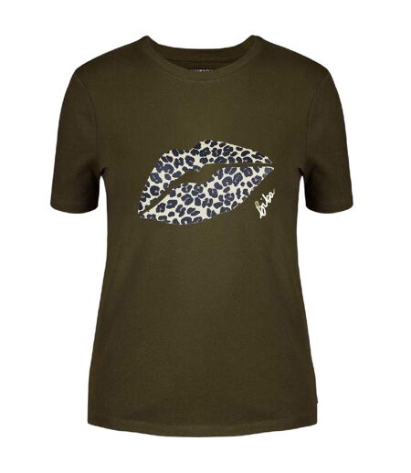 Womens/ladies Lips Cotton T-shirt Khaki Green Biba