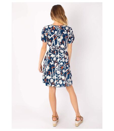 Robe courte cache cœur manches froncées LOUNA motif floral bleu Coton Du Monde