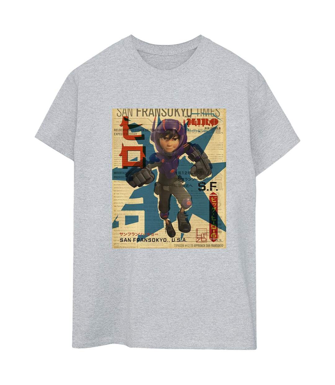 Disney Femme/Les femmes Big Hero 6 Baymax Hiro Newspaper Coton Boyfriend T-Shirt (Gris sportif) - UTBI15473-1