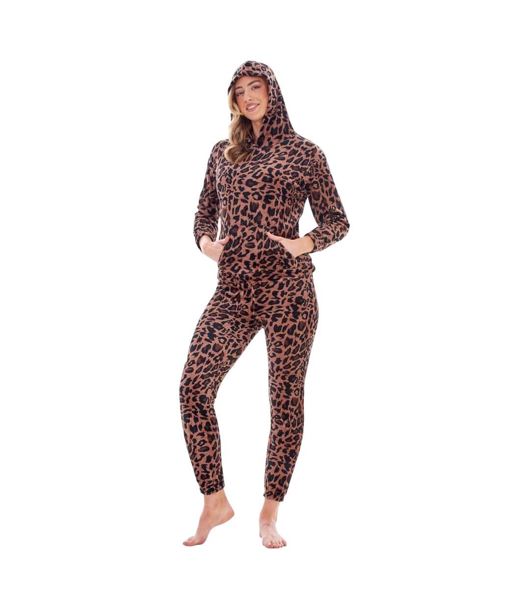 Ensemble De Pyjama Long Motif/style Imprimé Léopard Femme Marron Noir Keanu-1