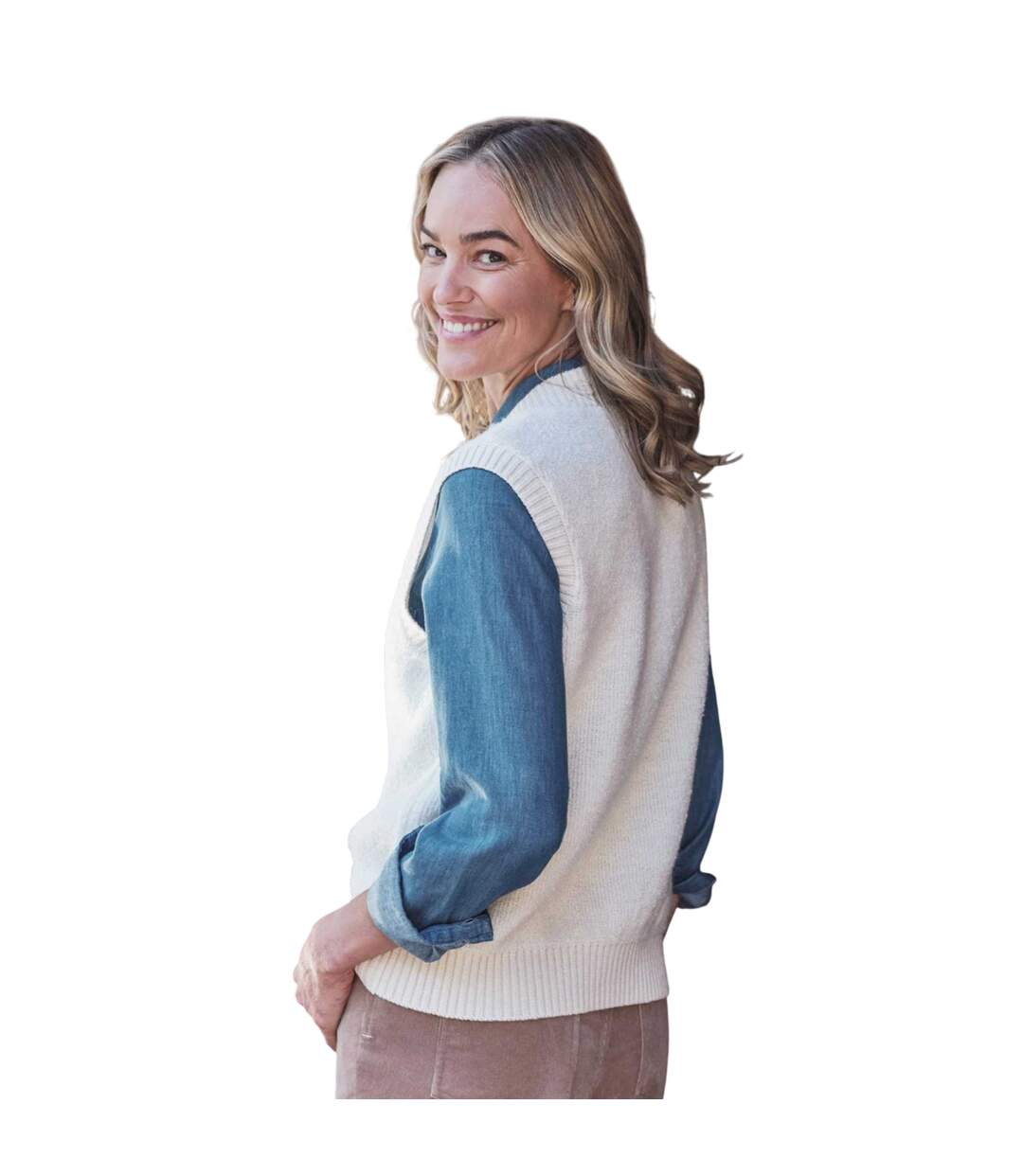Womens/ladies Textured Crew Neck Waistcoat Cream WoolOvers-2