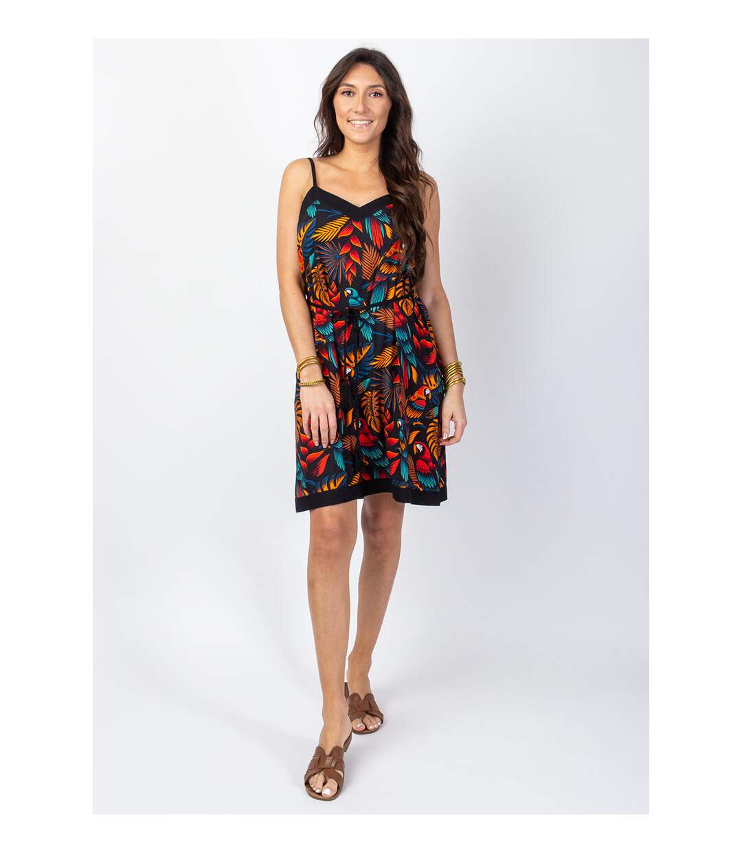 Robe courte fluide fines bretelles PALMA imprimé tropical noir Coton Du Monde