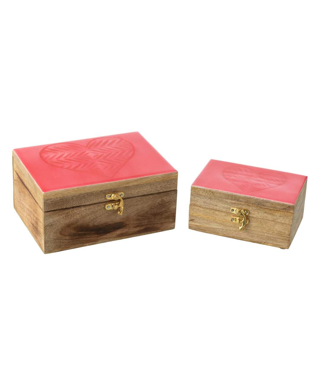 Lot de 2 Boîtes Déco en Bois Cœur 20cm Rose & Naturel-1