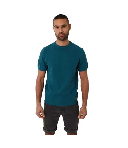 Mens Cable Knit Crew Neck T-shirt Blue Green Threadbare