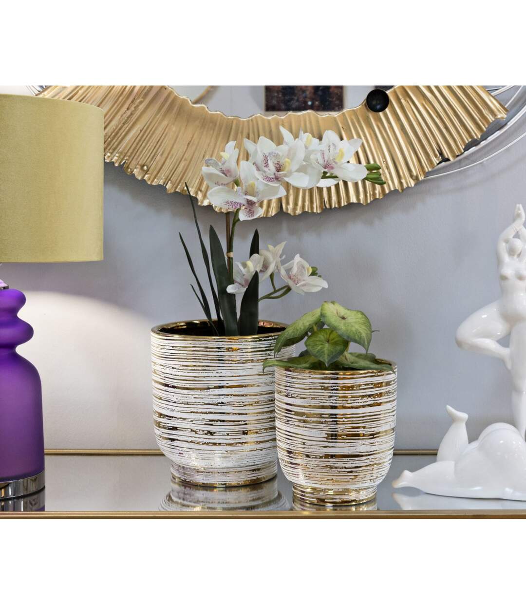 Lot de 2 Vases en Céramique Melody 24cm Or & Blanc-5