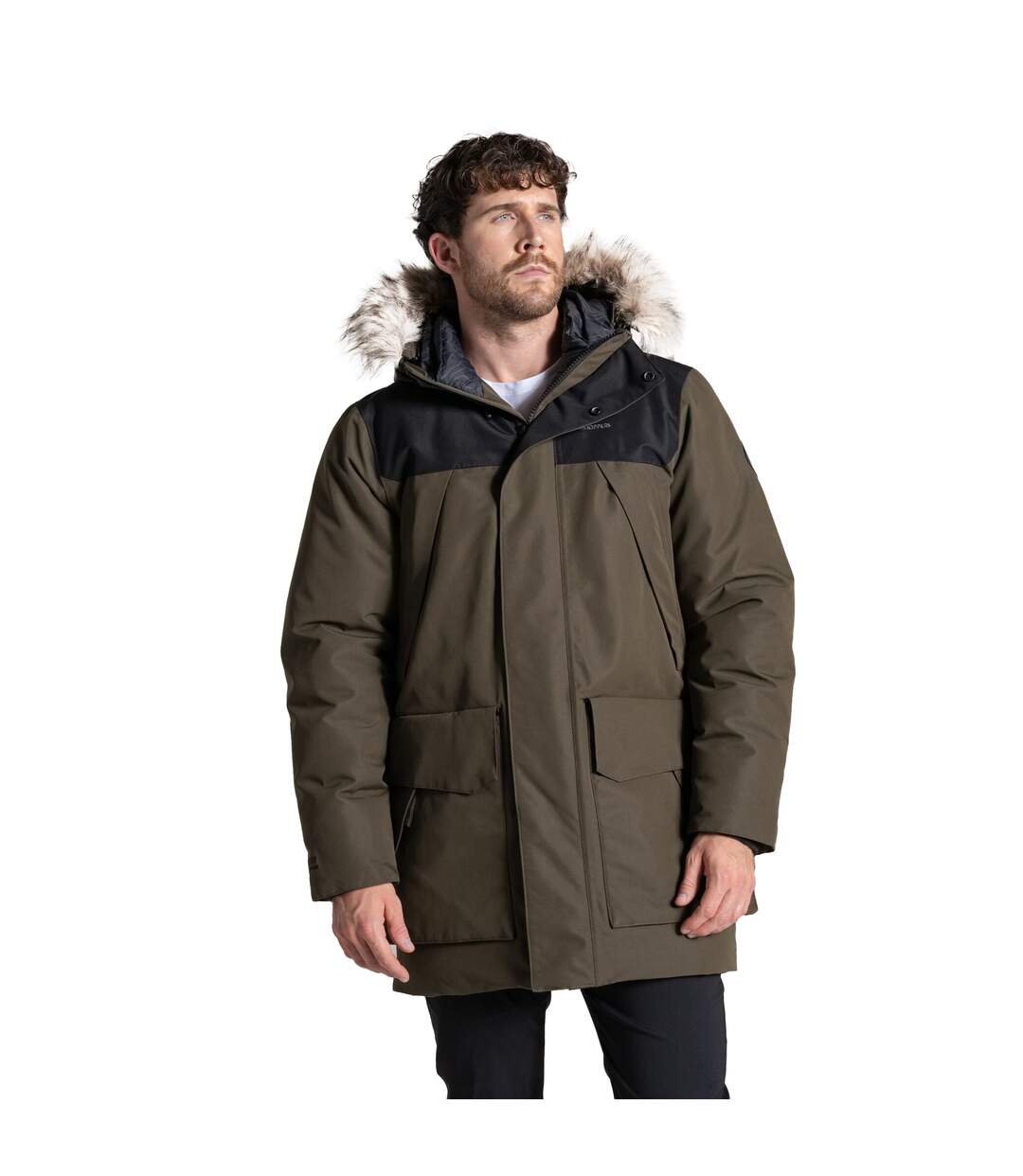 Veste Imperméable À Capuche Avec Bord Duveteux Amovible Bishorn Homme Kaki Sombre Craghoppers-1