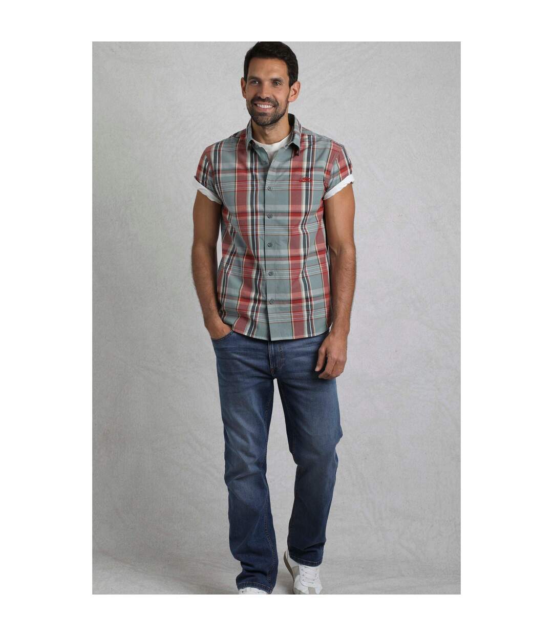 Mens judd checked organic cotton short-sleeved shirt mineral blue Weird Fish-4