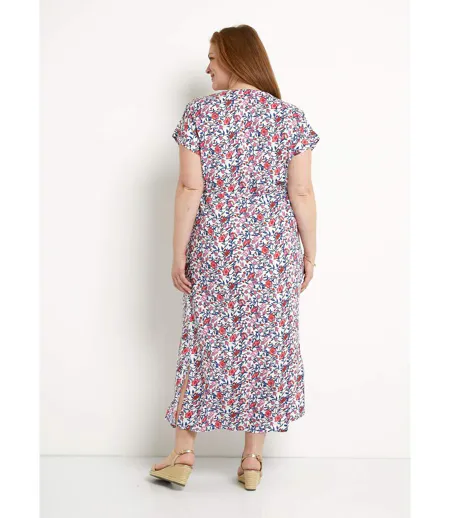 Robe longue fleurie cache-coeur manches courtes