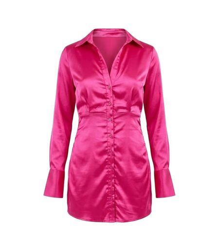 Womens/ladies Satin Long-sleeved Party Shirt Dress Pink Missy Empire