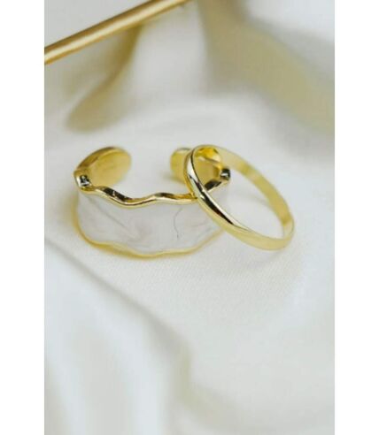 2 Pcs Wide Enamel Adjustable Wide Gold Band Cuff Ring Set