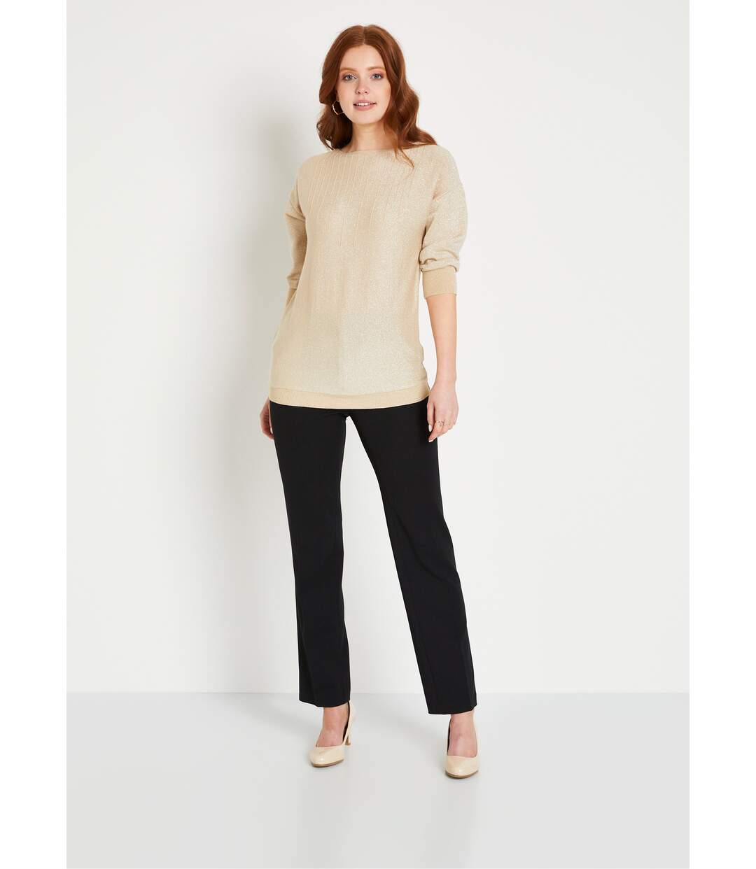 Pull mi-long uni brillant manches 3/4 col bateau-3