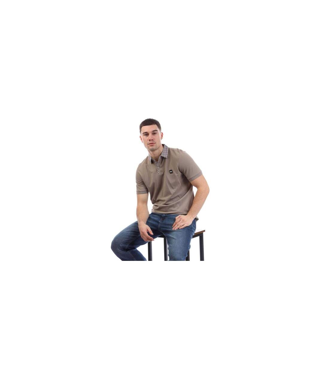 Mens Checked Collar Cotton Polo Shirt Stone Weekend Offender-1