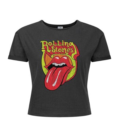 Womens/ladies Bootleg Tongue The Rolling Stones Crop T-shirt Charcoal Amplified