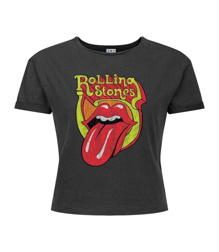 Womens/ladies Bootleg Tongue The Rolling Stones Crop T-shirt Charcoal Amplified