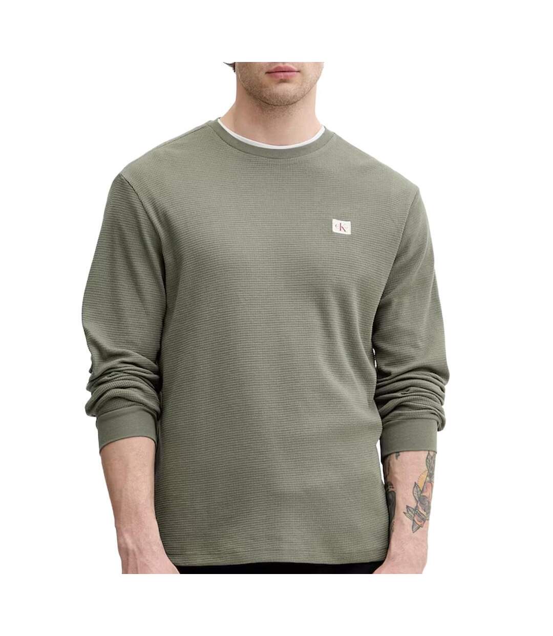 Sweat vert homme calvin klein jeans waffle badges-1
