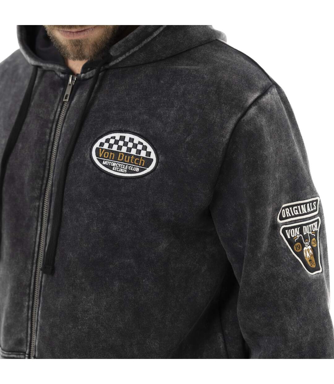 Sweat zippé homme à capuche en molleton et acid wash avec patchs Vondutch-5