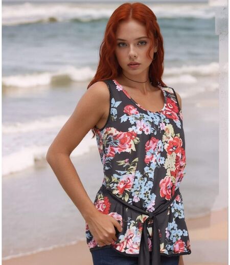 Blouse féminine sans manches à bretelles larges - Motif floral chic - Col rond