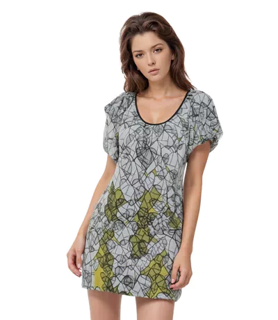 Robe féminine courte à  motifs graphiques, col rond et manches bouffantes - Chic et décontractée