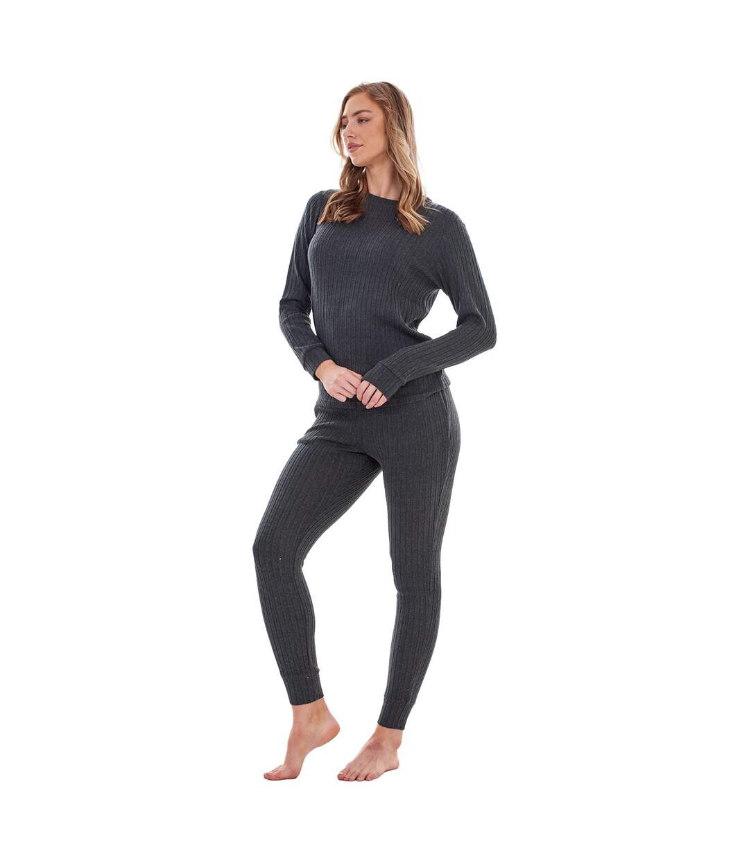 Ensemble De Pyjama Long Motif/style Côtelé Femme Gris Foncé Chiné Keanu-2