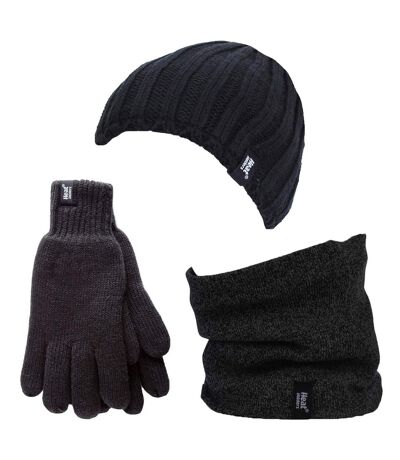 Heat Holders - Thermal Winter Fleece Cable Knit Hat, Neck Warmer and Gloves set for Men - M/L