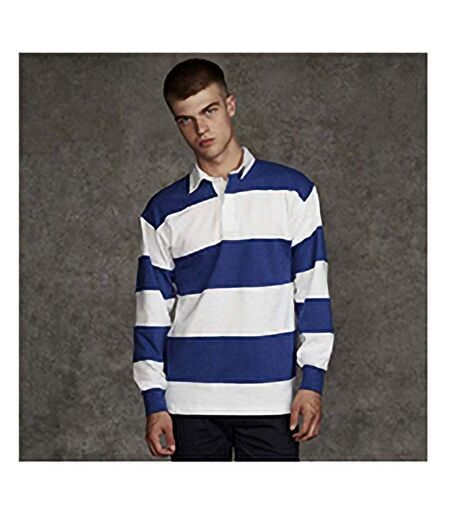 Front Row Sewn Stripe Long Sleeve Sports Rugby Polo Shirt (White & Royal (White collar))