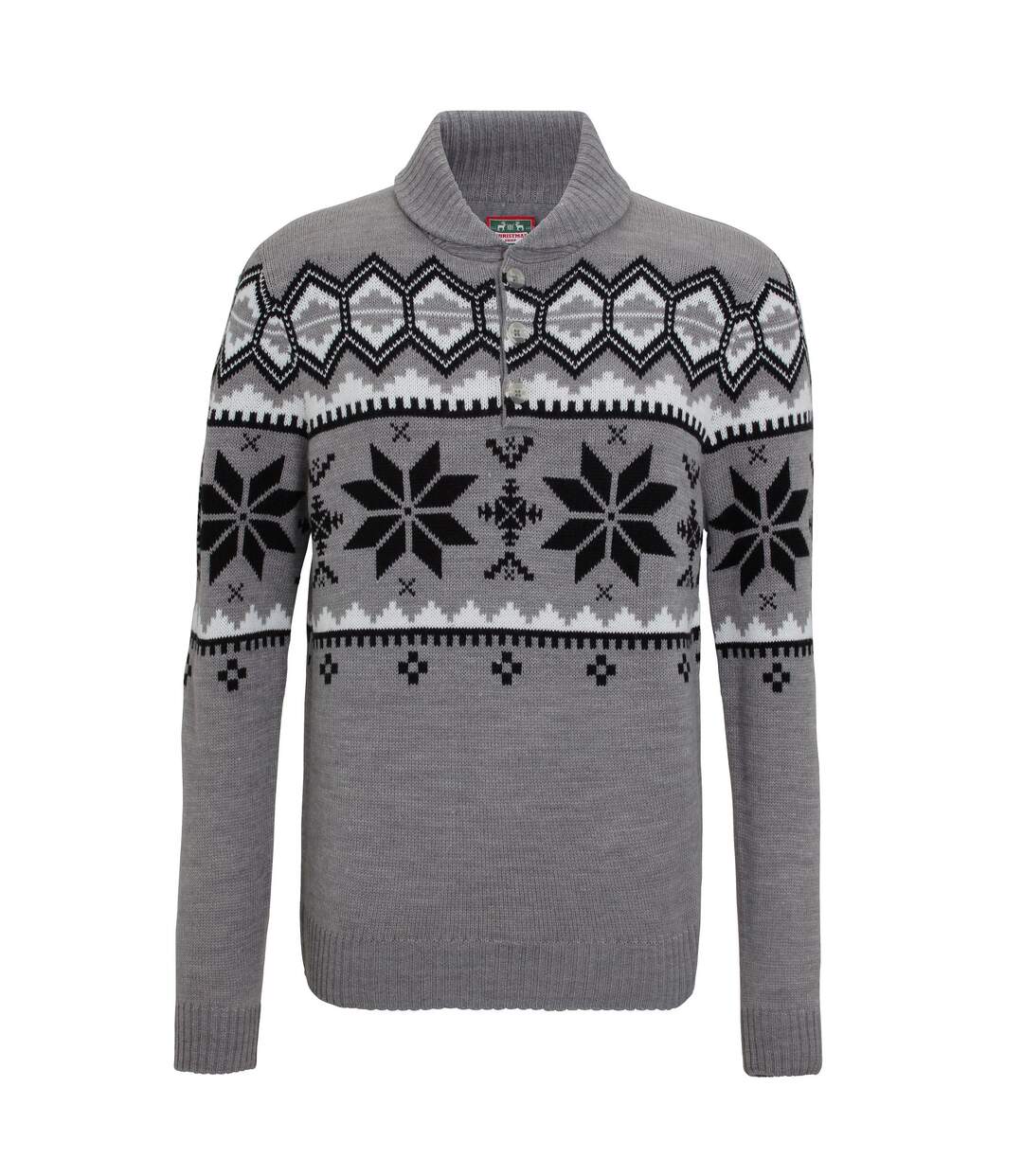 Christmas Shop Mens Shawl Collar Knitted Fairisle Design Jumper (Grey) - UTRW5202