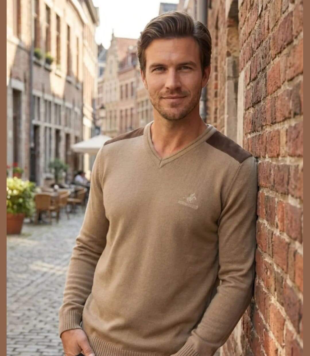 Pull Col V Homme Winchester Panel1 Beige avec Renforts Suédine-4