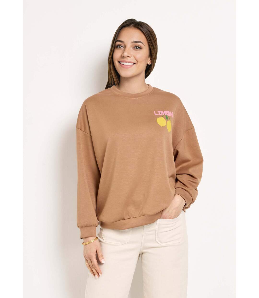 Sweat col rond motif Citrons maille douce-1