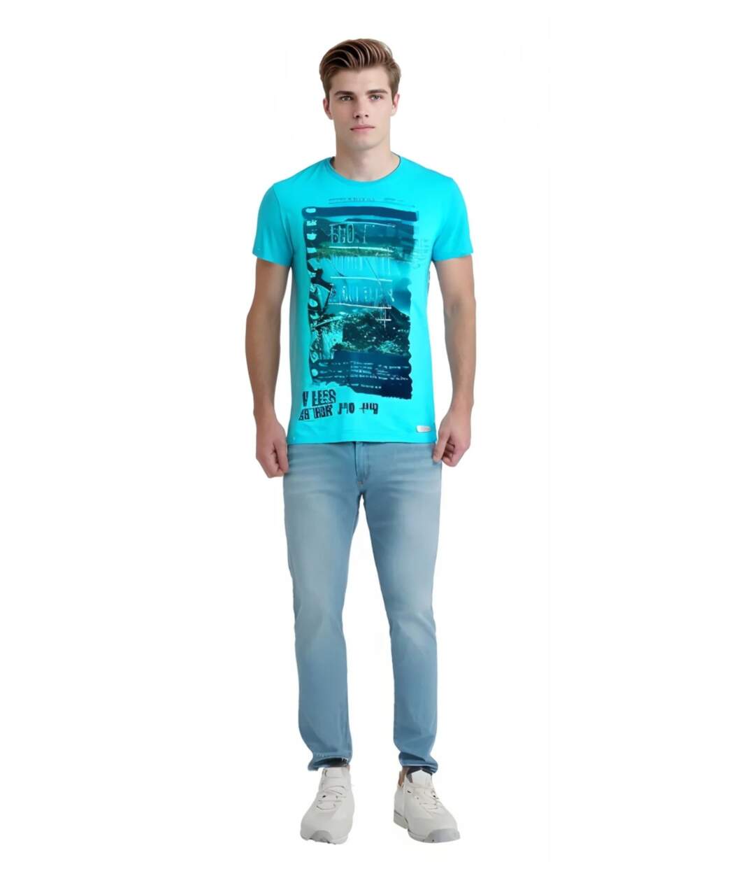 Tee shirt homme manches courtes de couleur bleu col rond motif imprimé-2