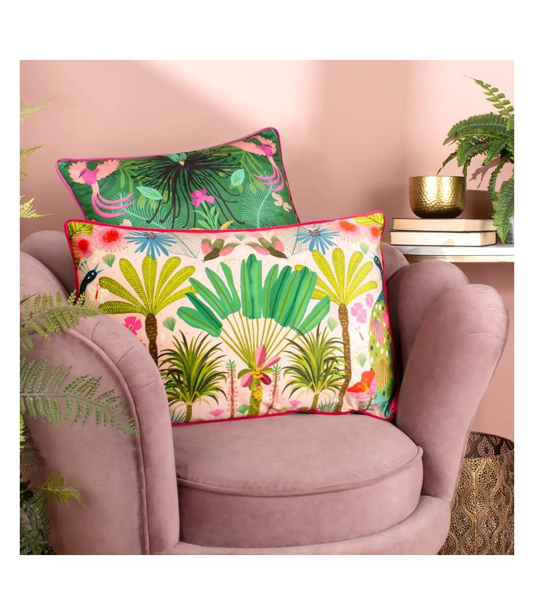 Tropical peacock illustration cushion cover 60cm x 40cm multicoloured Kate Merritt