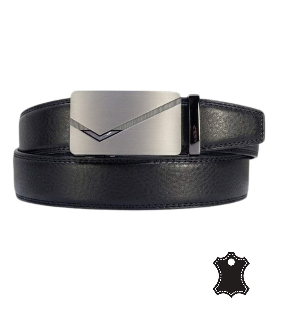 Ceinture homme cuir vachette noire 3,5 cmà boucle automatique réglable, surpiqûre ton sur ton (Tailles 115 à 130)-1