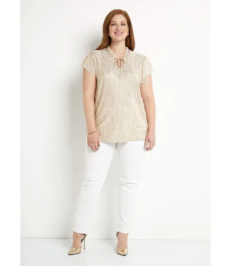 T-shirt long imprimé doré manches courtes