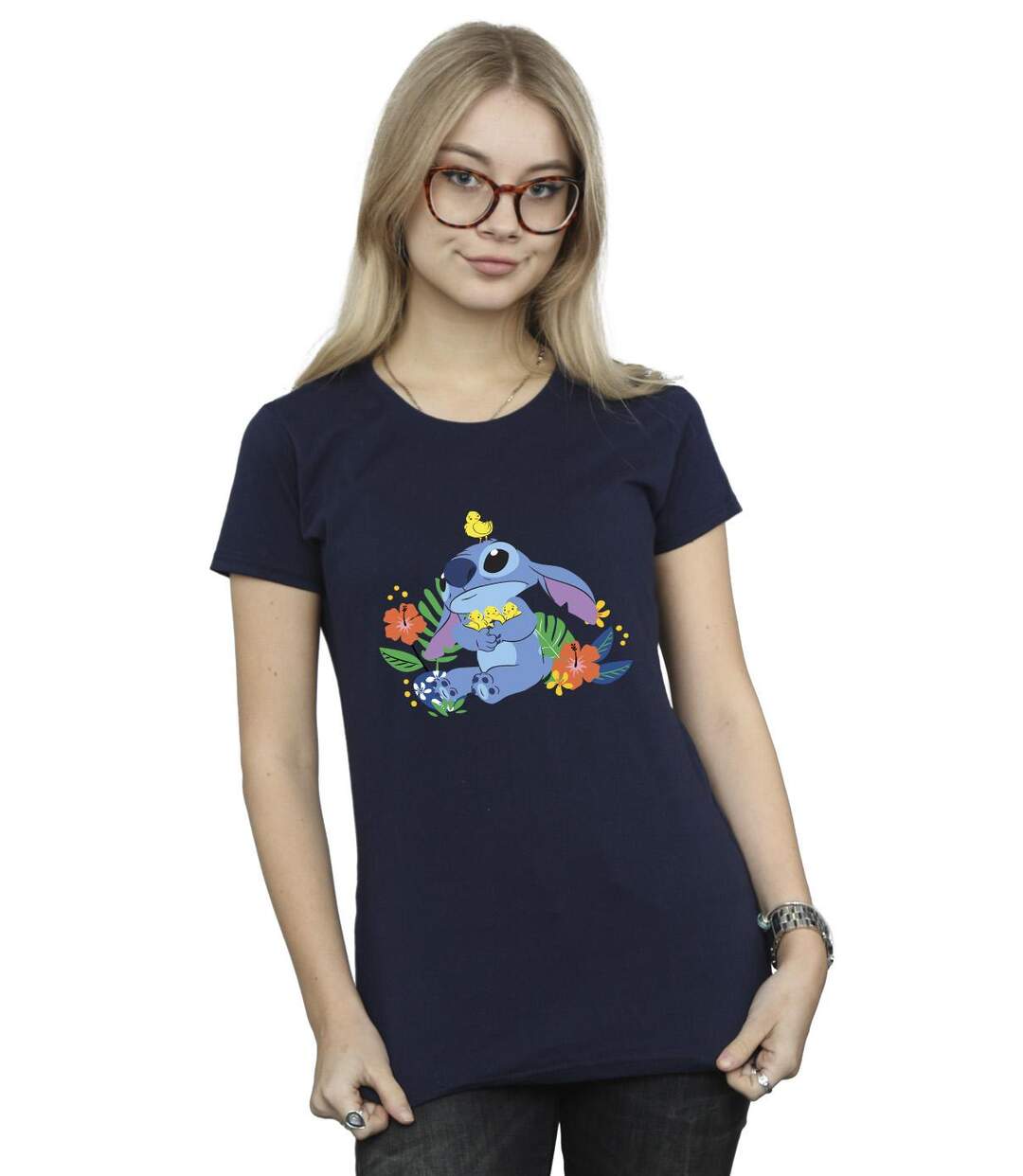 Disney T-shirt en coton motif oiseaux Lilo & Stitch Femme/Femme (Bleu marine) - UTBI25900-2