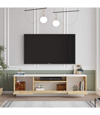 Meuble TV Séville 3 portes et une niche en bois - Blanc et marron