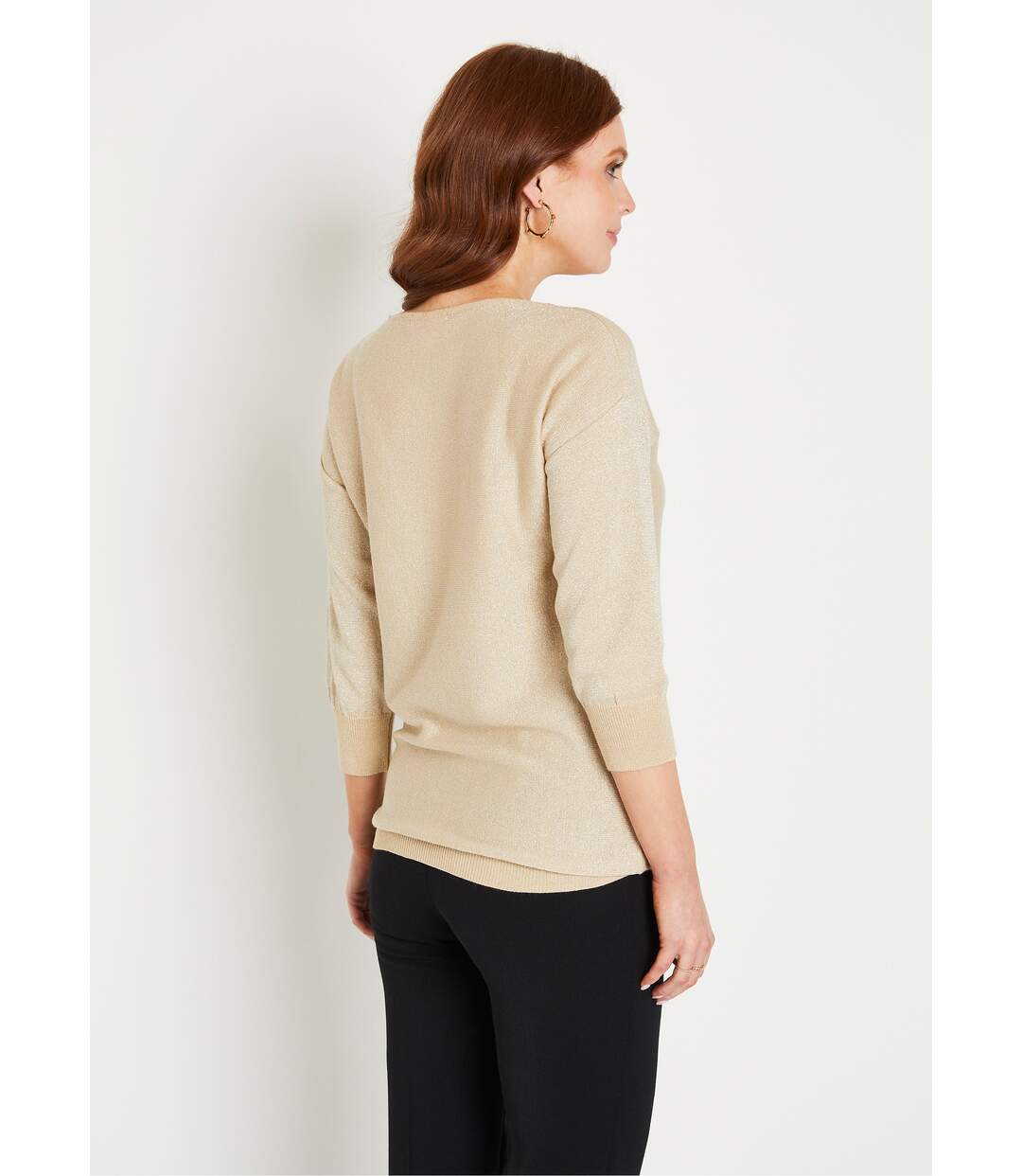 Pull mi-long uni brillant manches 3/4 col bateau-2