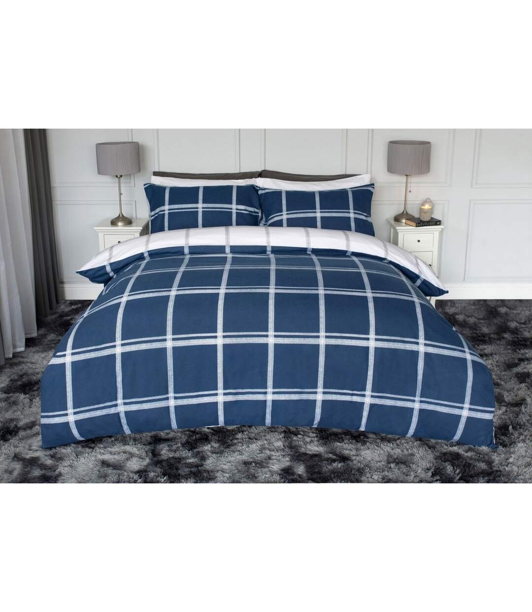 Dalton brushed cotton checked duvet cover set navy/white Belledorm-1