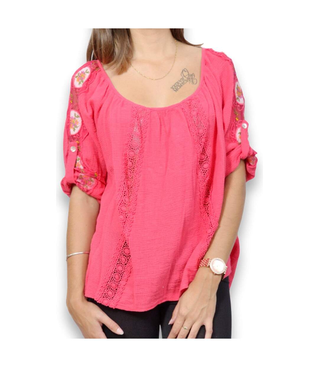 Blouse femme manche 3/4 -Top de couleur fushia-4