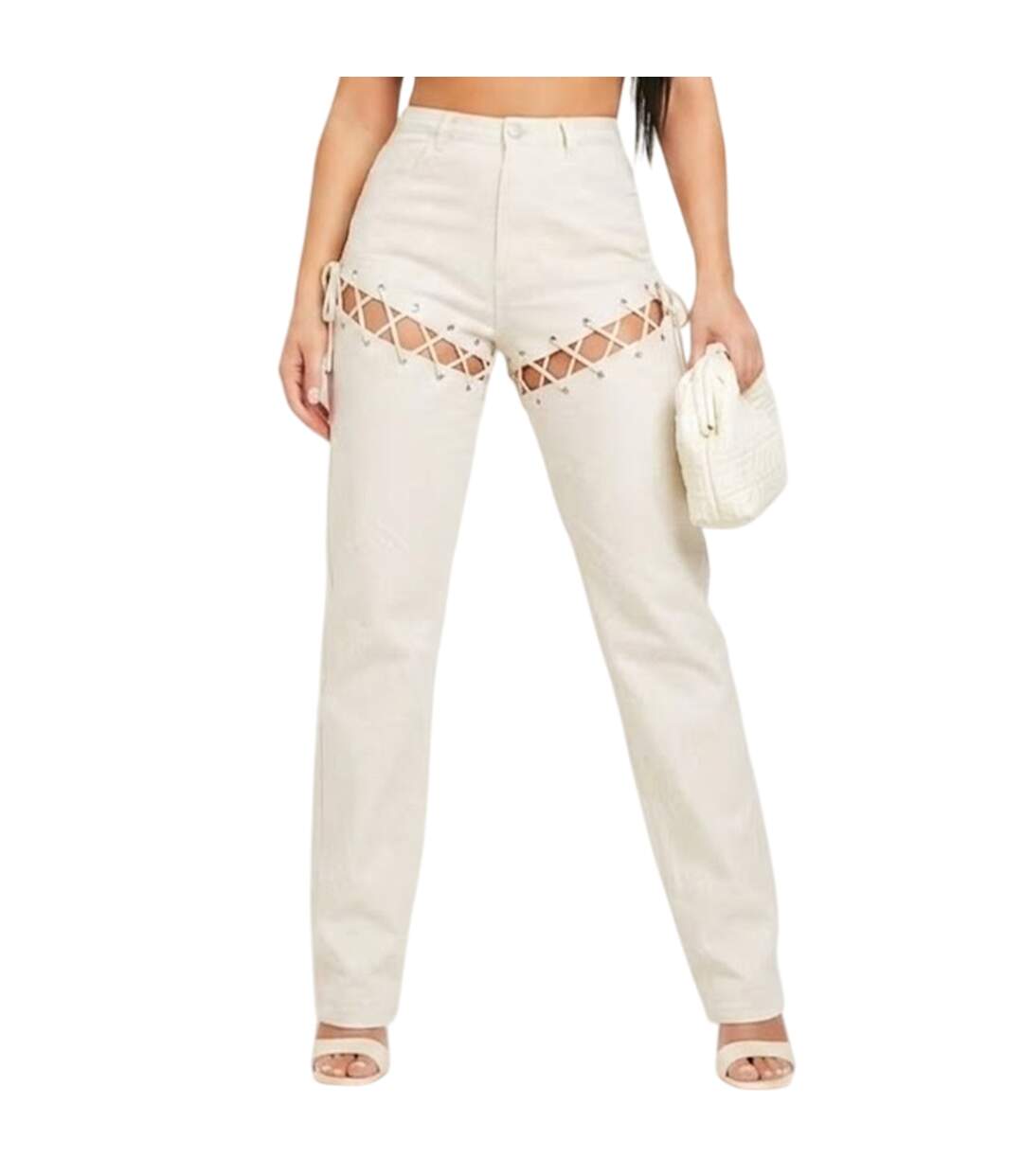 Womens/ladies Lace Up High Waist Trousers Sand Missy Empire-2